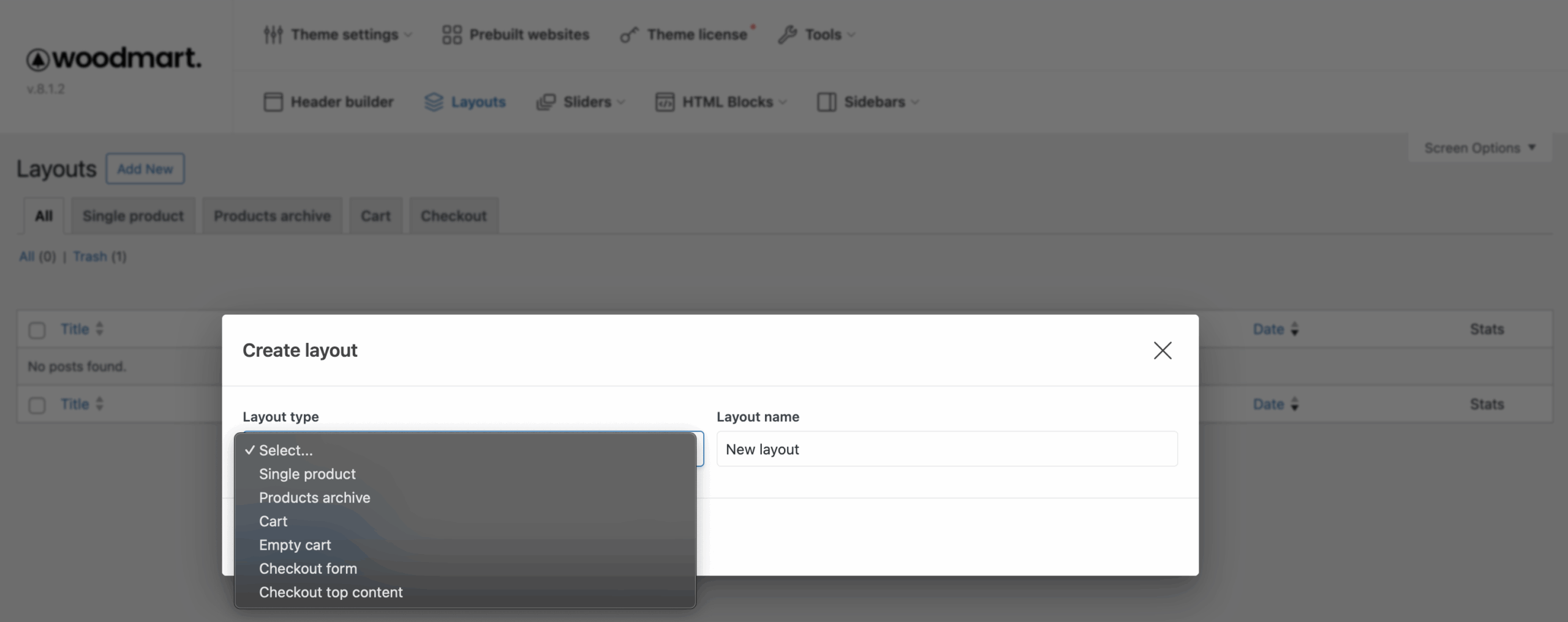 WoodMart Layouts builder interface showing custom WooCommerce templates for product pages, categories, and other sections