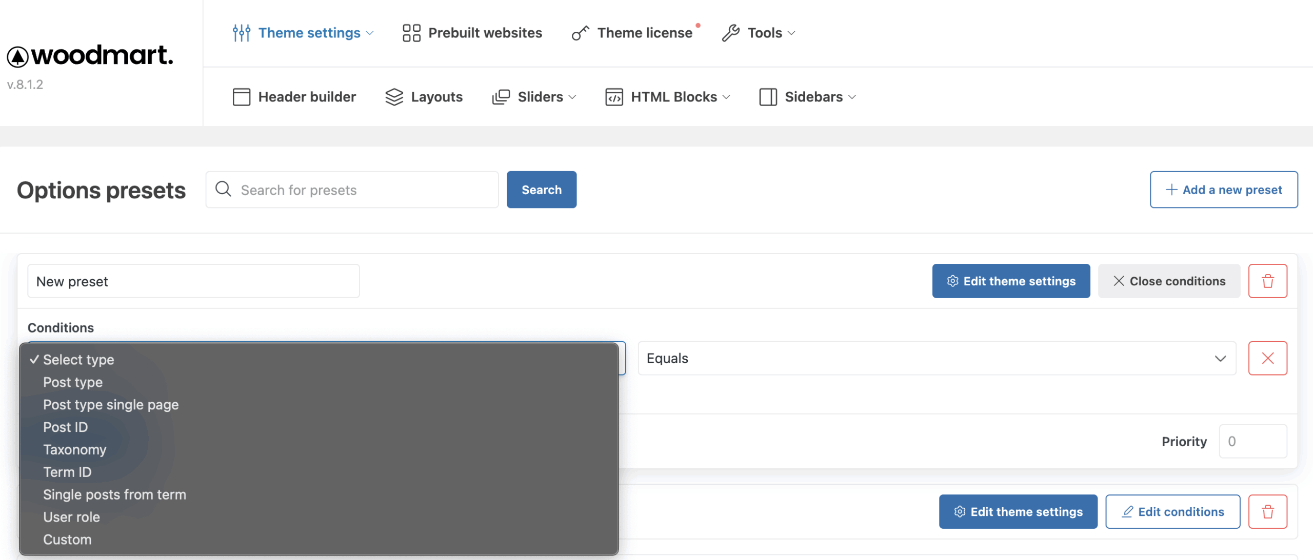 Screenshot of WoodMart Theme Presets feature allowing unique theme settings for custom post types, user roles, and taxonomies